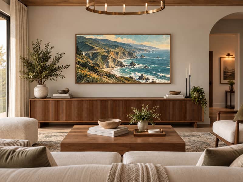 Big Sur Coastline wallpaper shown as art on a Samsung Frame TV