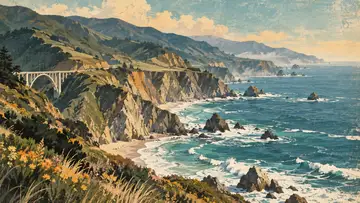 Big Sur Coastline 4K wallpaper, mid-century travel poster style