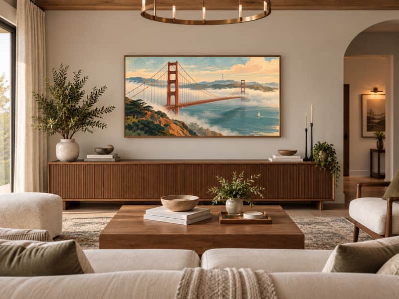 Golden Gate Bridge wallpaper shown as art on a Samsung Frame TV