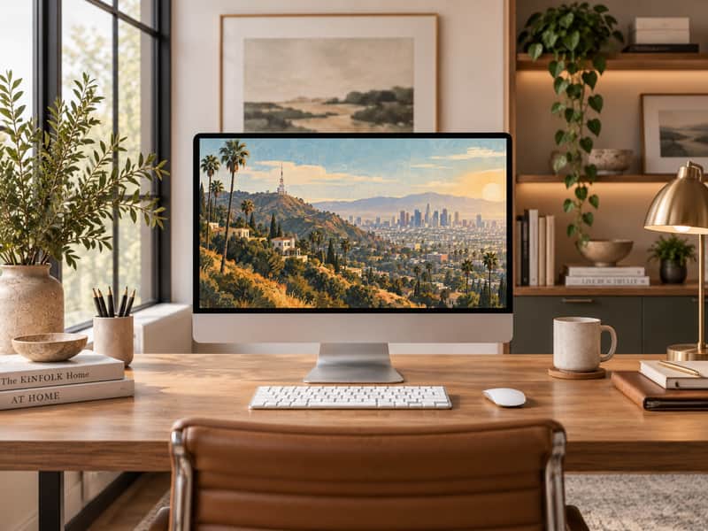 Hollywood Hills wallpaper shown on a desktop computer screen