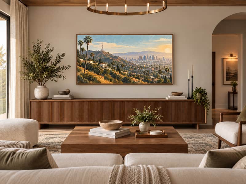 Hollywood Hills wallpaper shown as art on a Samsung Frame TV