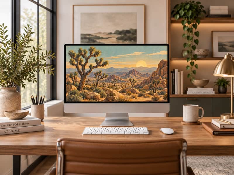 Joshua Tree Desert wallpaper shown on a desktop computer screen