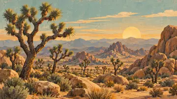 Joshua Tree Desert 4K wallpaper, mid-century travel poster style