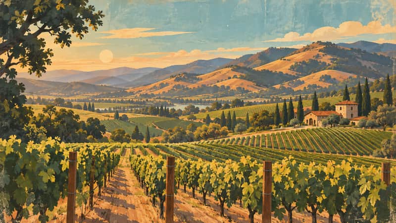 Napa Valley Vineyards 4K wallpaper, mid-century travel poster style, for Frame TV and desktop