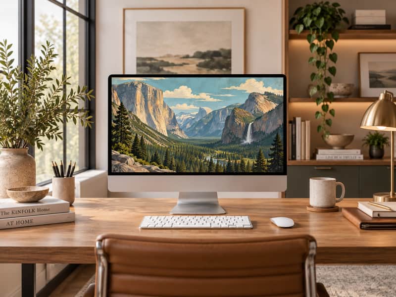 Yosemite Valley wallpaper shown on a desktop computer screen