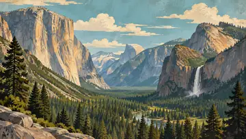 Yosemite Valley 4K wallpaper, mid-century travel poster style