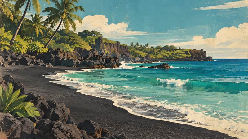 Black Sand Beach 4K wallpaper, mid-century travel poster style, for Frame TV and desktop