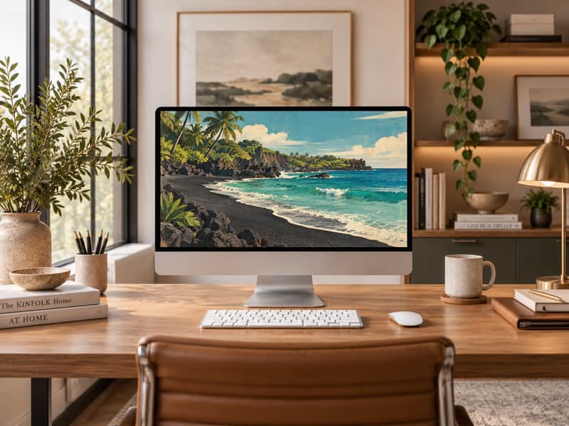 Black Sand Beach wallpaper shown on a desktop computer screen