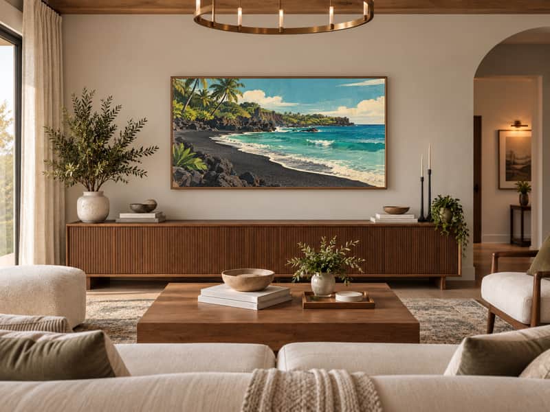 Black Sand Beach wallpaper shown as art on a Samsung Frame TV
