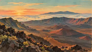 Haleakala Crater 4K wallpaper, mid-century travel poster style