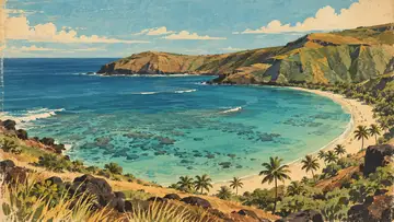 Hanauma Bay 4K wallpaper, mid-century travel poster style