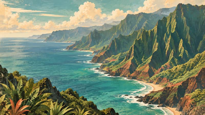 Na Pali Coast 4K wallpaper, mid-century travel poster style, for Frame TV and desktop
