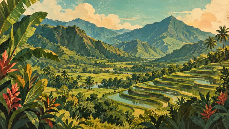 Taro Terrace Valley 4K wallpaper, mid-century travel poster style, for Frame TV and desktop