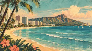Waikiki Beach 4K wallpaper, mid-century travel poster style
