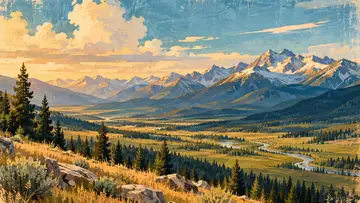 Big Sky Valley 4K wallpaper, mid-century travel poster style