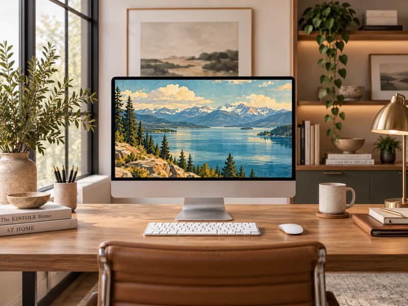 Flathead Lake Mountains wallpaper shown on a desktop computer screen