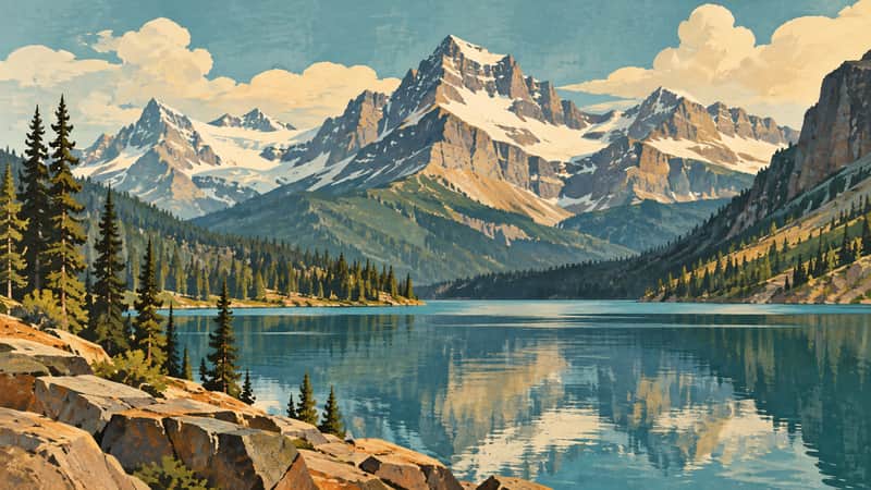 Glacier National Park Peaks 4K wallpaper, mid-century travel poster style, for Frame TV and desktop