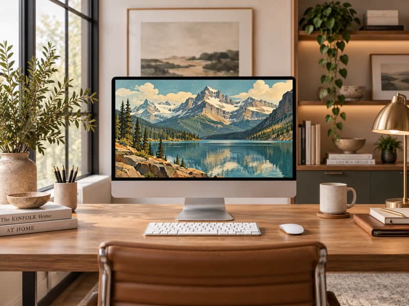 Glacier National Park Peaks wallpaper shown on a desktop computer screen