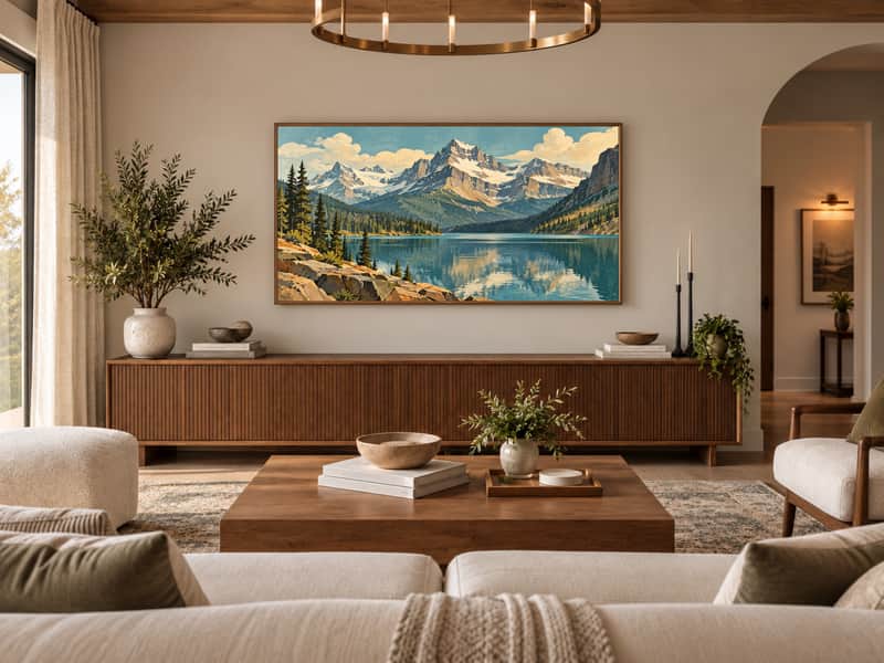 Glacier National Park Peaks wallpaper shown as art on a Samsung Frame TV
