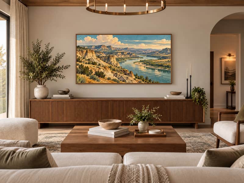 Missouri River Breaks wallpaper shown as art on a Samsung Frame TV