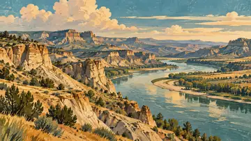 Missouri River Breaks 4K wallpaper, mid-century travel poster style