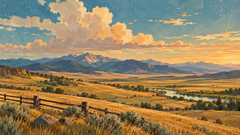 Prairie Ranchland 4K wallpaper, mid-century travel poster style, for Frame TV and desktop
