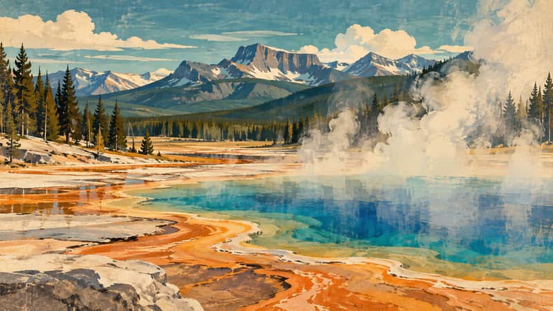 Yellowstone Geyser Edge 4K wallpaper, mid-century travel poster style, for Frame TV and desktop