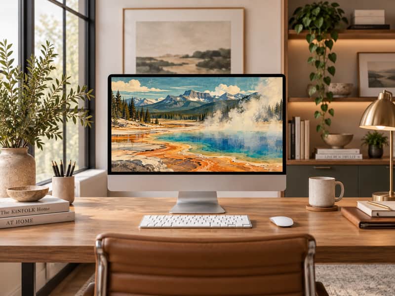 Yellowstone Geyser Edge wallpaper shown on a desktop computer screen