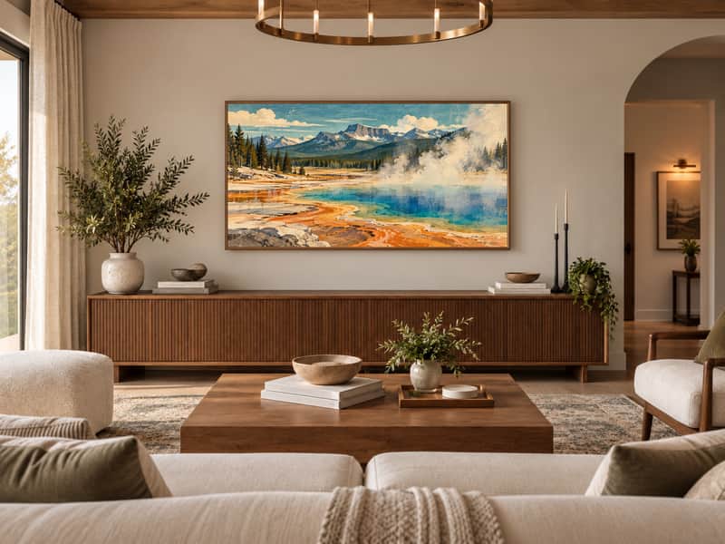Yellowstone Geyser Edge wallpaper shown as art on a Samsung Frame TV
