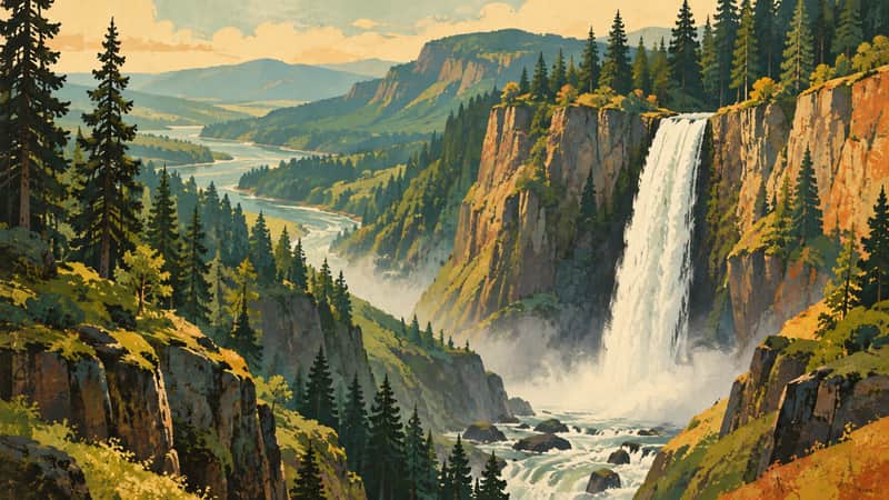 Columbia River Gorge Waterfall 4K wallpaper, mid-century travel poster style, for Frame TV and desktop