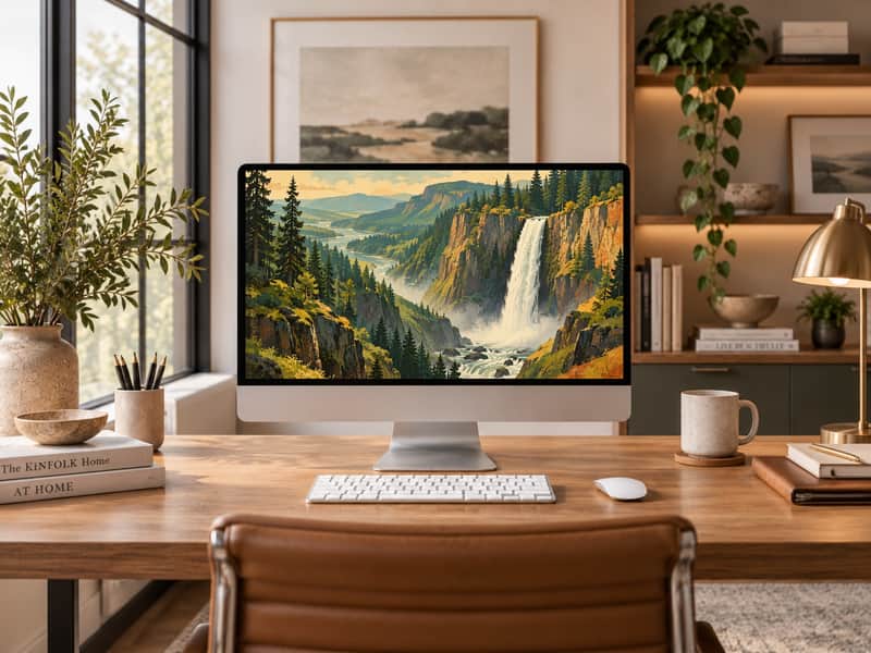Columbia River Gorge Waterfall wallpaper shown on a desktop computer screen