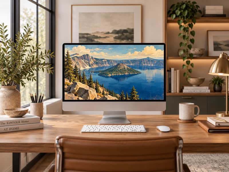 Crater Lake wallpaper shown on a desktop computer screen