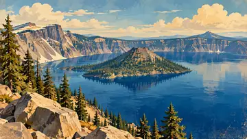 Crater Lake 4K wallpaper, mid-century travel poster style