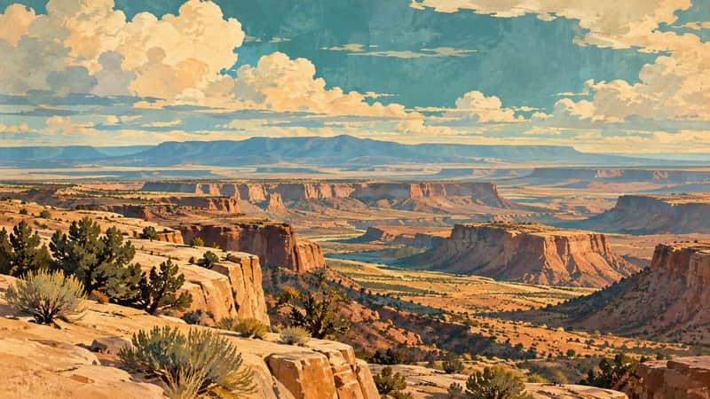 High Desert Plateau 4K wallpaper, mid-century travel poster style, for Frame TV and desktop