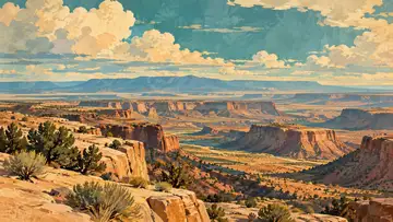 High Desert Plateau 4K wallpaper, mid-century travel poster style