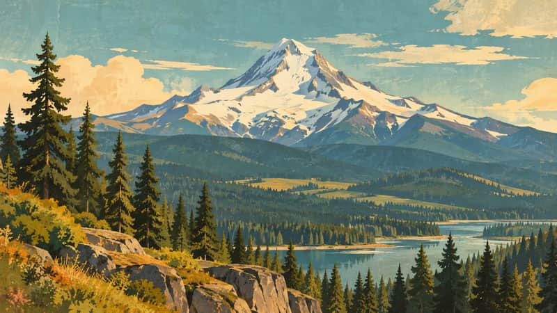 Mount Hood Peak 4K wallpaper, mid-century travel poster style, for Frame TV and desktop