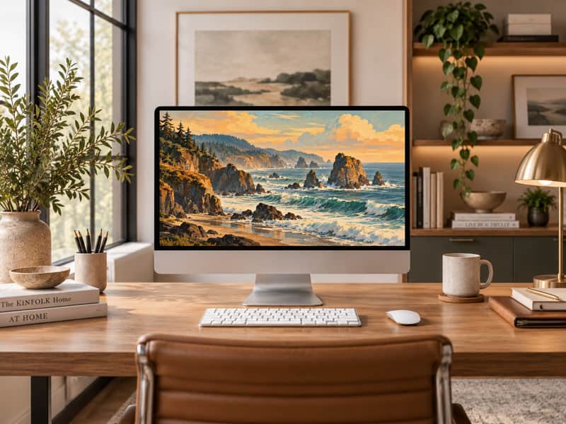 Pacific Coastline Sea Stacks wallpaper shown on a desktop computer screen