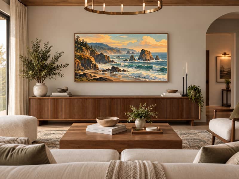 Pacific Coastline Sea Stacks wallpaper shown as art on a Samsung Frame TV