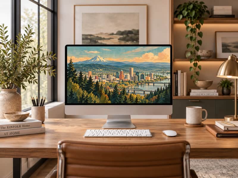 Portland Forested Hills wallpaper shown on a desktop computer screen