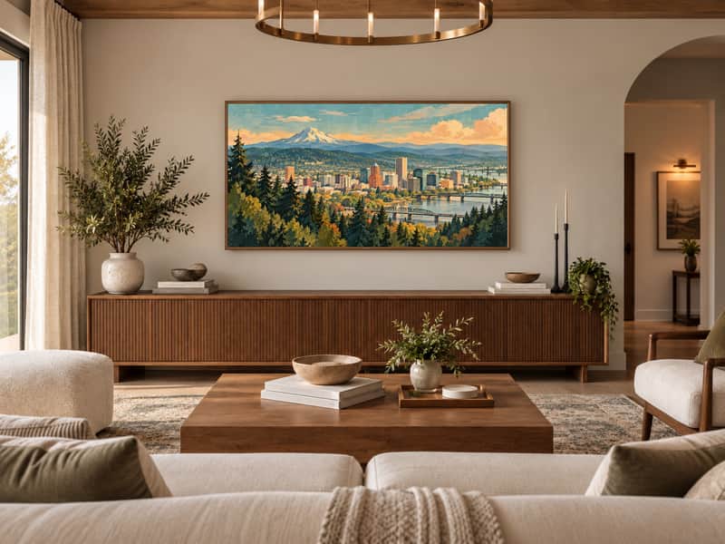 Portland Forested Hills wallpaper shown as art on a Samsung Frame TV