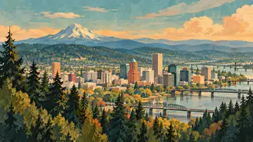 Portland Forested Hills 4K wallpaper, mid-century travel poster style