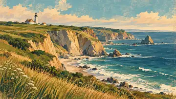 Block Island Cliffs 4K wallpaper, mid-century travel poster style