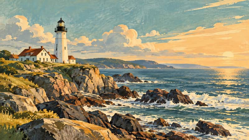 Coastal Lighthouse 4K wallpaper, mid-century travel poster style, for Frame TV and desktop