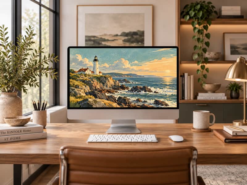 Coastal Lighthouse wallpaper shown on a desktop computer screen