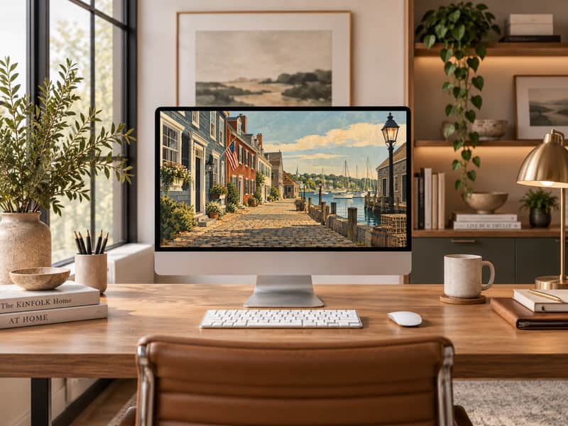 Colonial Waterfront Street wallpaper shown on a desktop computer screen