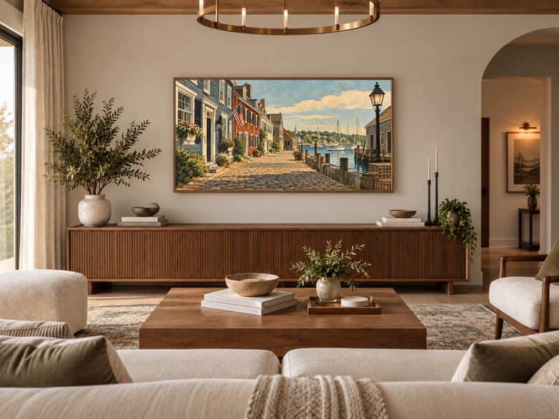 Colonial Waterfront Street wallpaper shown as art on a Samsung Frame TV