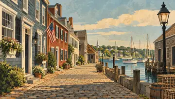 Colonial Waterfront Street 4K wallpaper, mid-century travel poster style