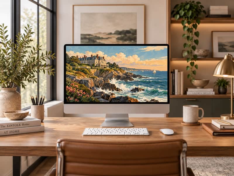 Newport Mansion Bluff wallpaper shown on a desktop computer screen