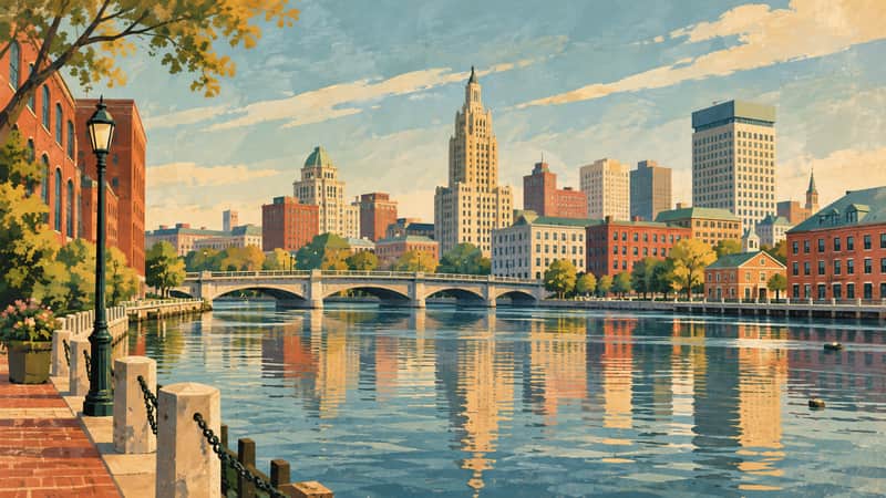 Providence Riverfront 4K wallpaper, mid-century travel poster style, for Frame TV and desktop