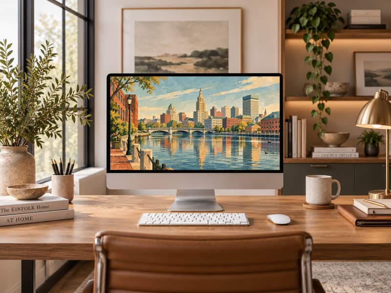 Providence Riverfront wallpaper shown on a desktop computer screen